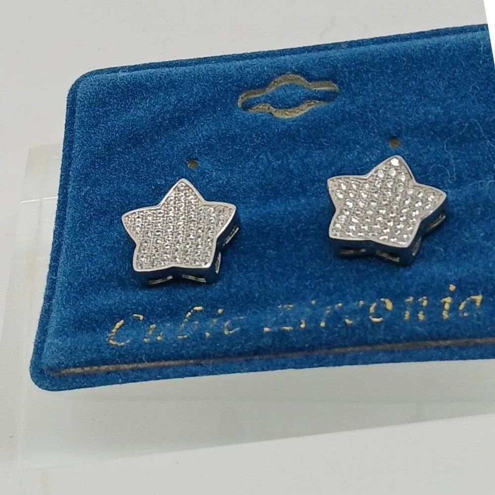 Vintage 1990s Silver Tone Cubic Zirconia Star Stud Micro Pave Earrings Deadstock
